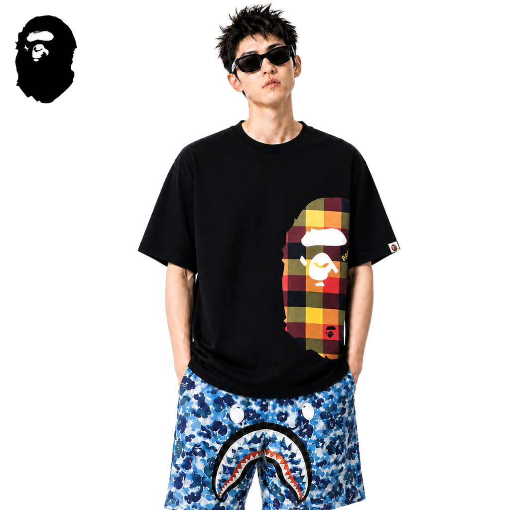 BAPE Multicolor Plaid Side Ape Head Men's T-Shirt - Black - Black streetwear model on pure white background