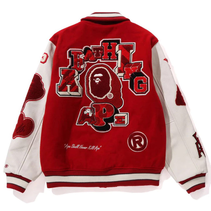 BAPE Leather Long Sleeve Red Baseball Jacket - image 2