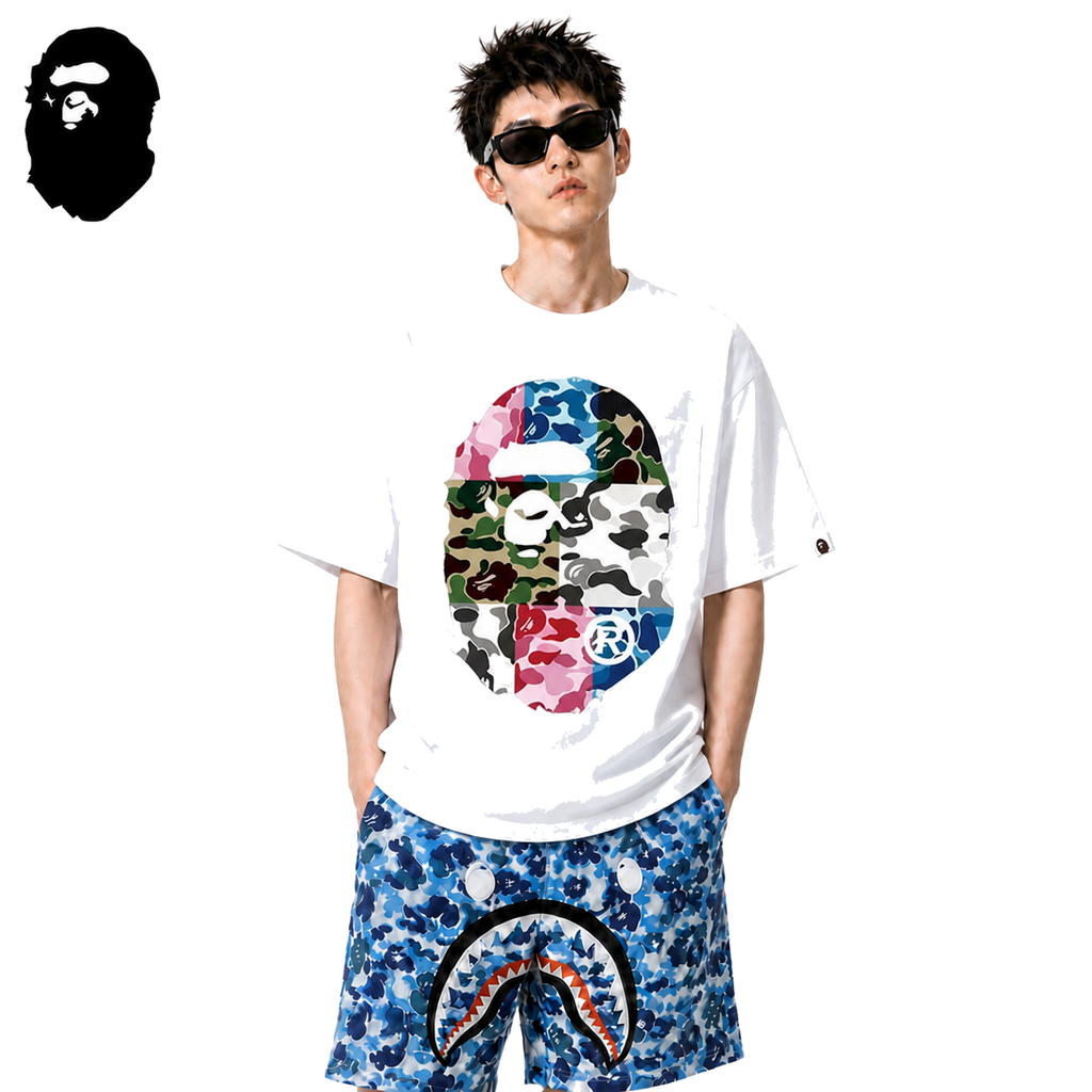 BAPE Multicolor ABC Camo Big Ape Head Men's T-Shirt - White - White streetwear model on pure white background