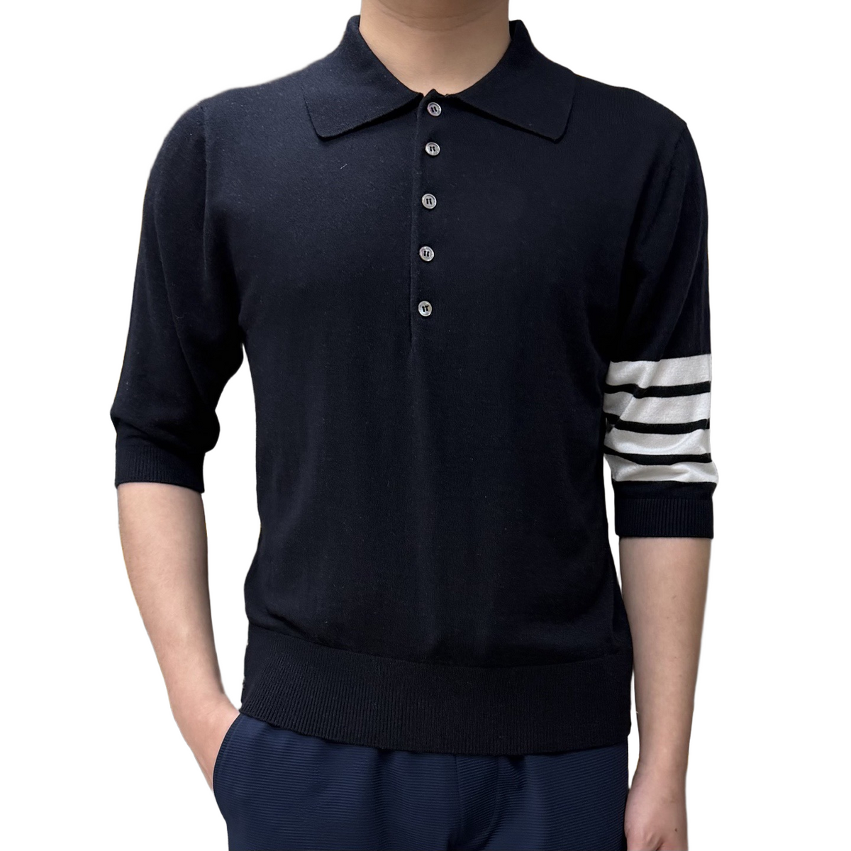 Four-Bar Polo Collar Short Sleeve Shirt by Thom Browne, product detail view
