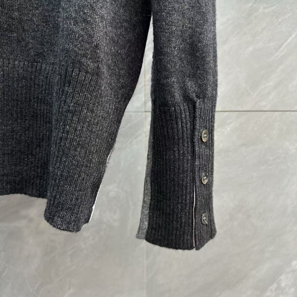 Unisex Two-Tone Cable Knit V-Neck Cardigan - Grey Wool by Thom Browne, outerwear detail view