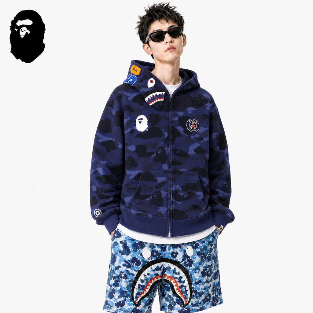 BAPE Navy Blue Camo Shark Hoodie styled on a male model