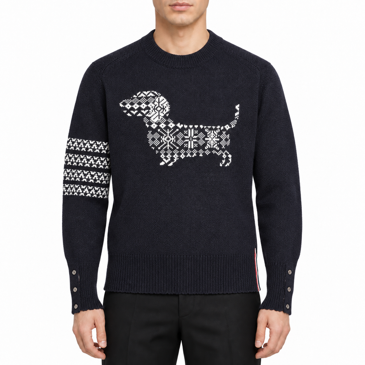 2026SS Men's Four-Stripe Crew Neck Knit Sweater by Thom Browne, modeled on a pure white background