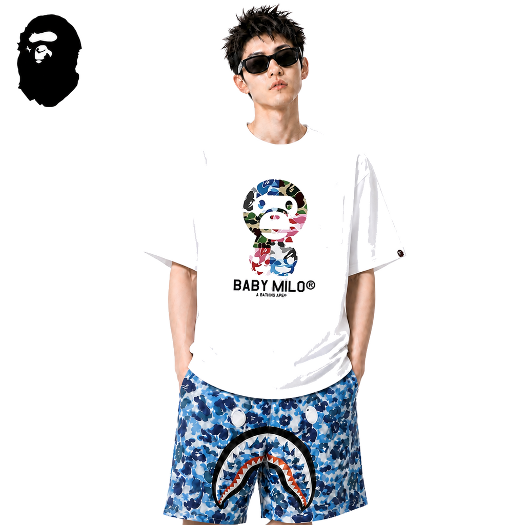 BAPE ABC Camo Baby Milo Men's T-Shirt - White - White streetwear model on pure white background