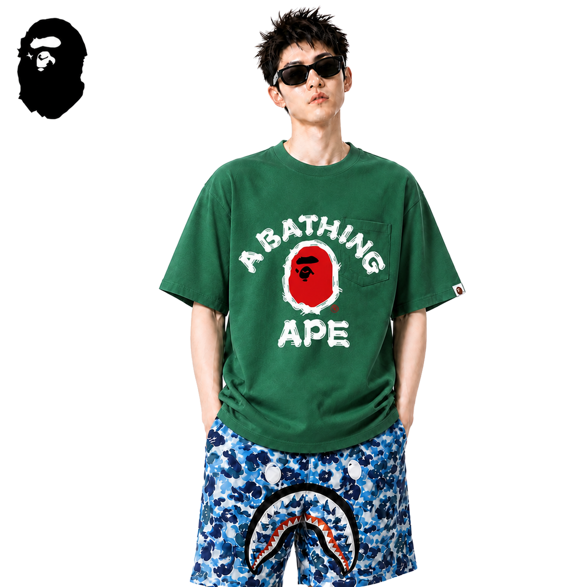 BAPE Brush College Ape Head Men's T-Shirt - Green - Green streetwear model on pure white background