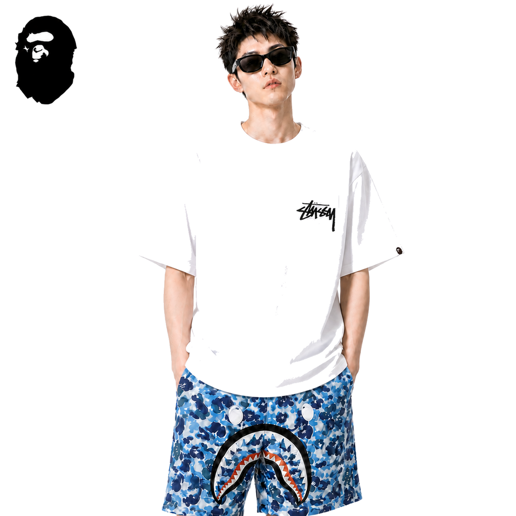 BAPE x Stussy Small Logo Men's T-Shirt - White - White streetwear model on pure white background