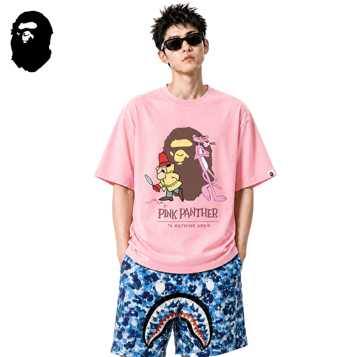 BAPE x Pink Panther Ape Head Men's T-Shirt - Pink - Pink streetwear model on pure white background