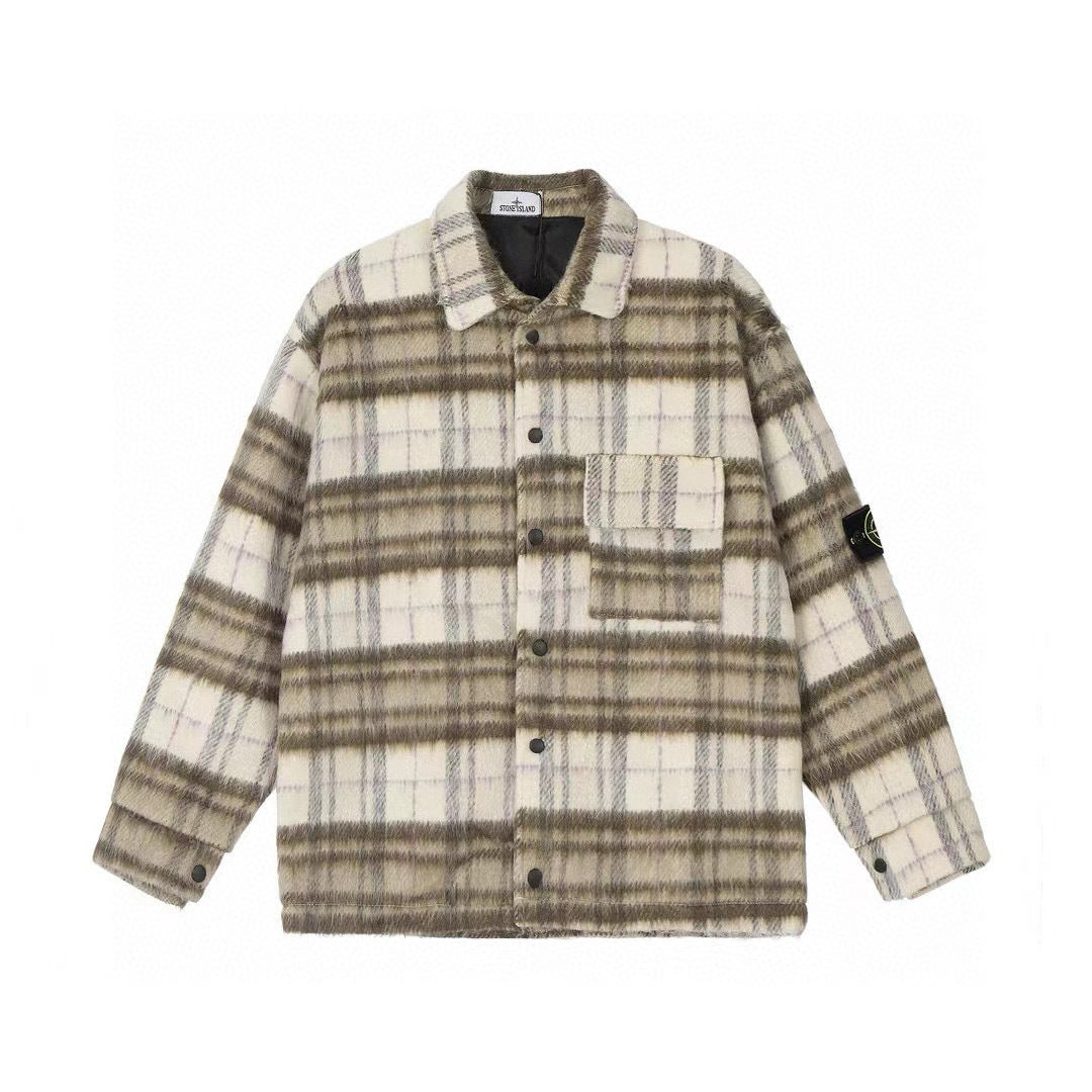 Stone Island Heavyweight Wool-Blend Plaid Badge Lapel Coat