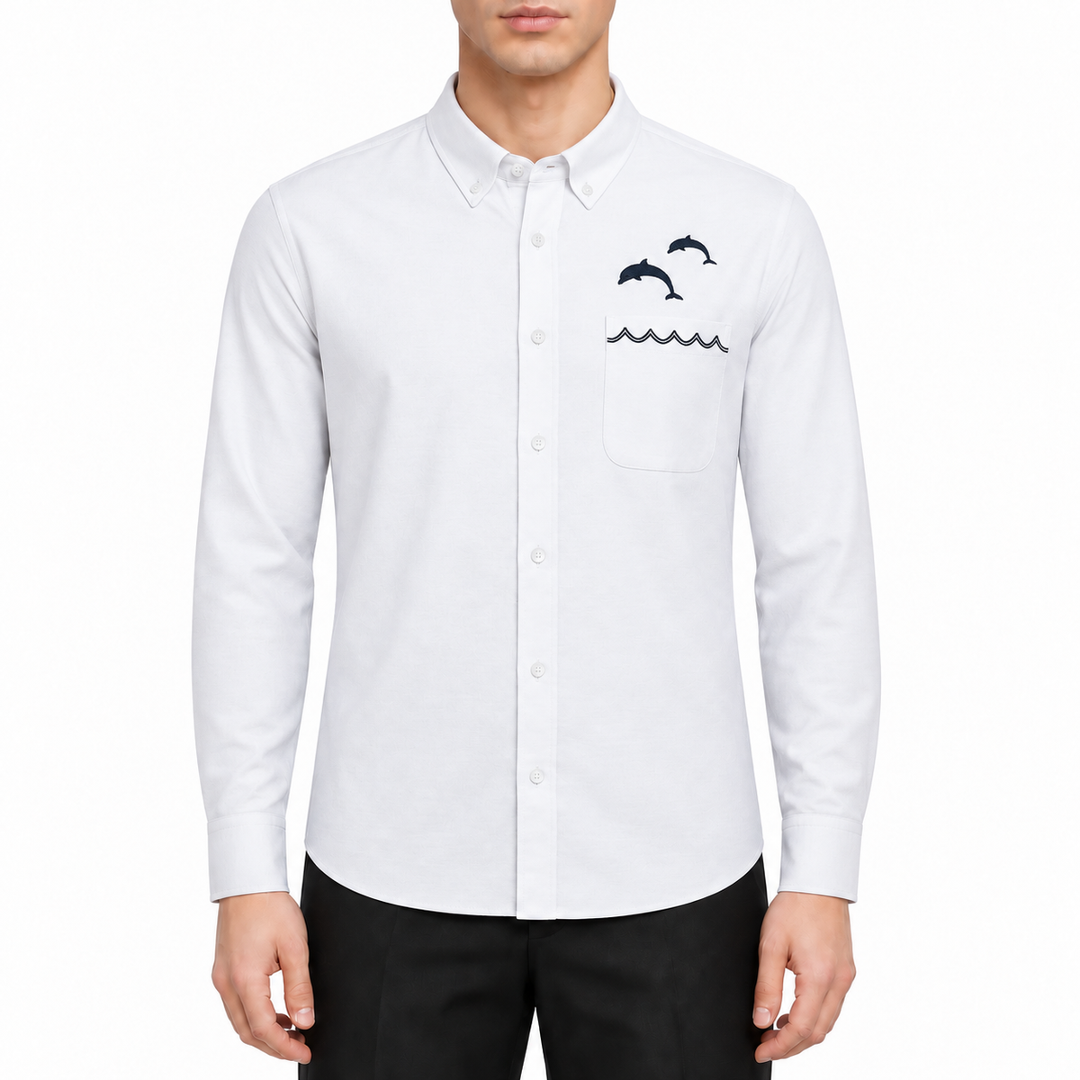 Men's Dolphin shirt by Thom Browne, modeled on a pure white background