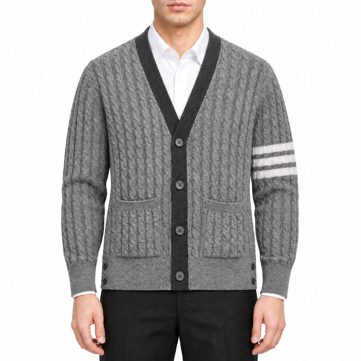 Unisex Two-Tone Cable Knit V-Neck Cardigan - Grey Wool by Thom Browne, modeled on a pure white background