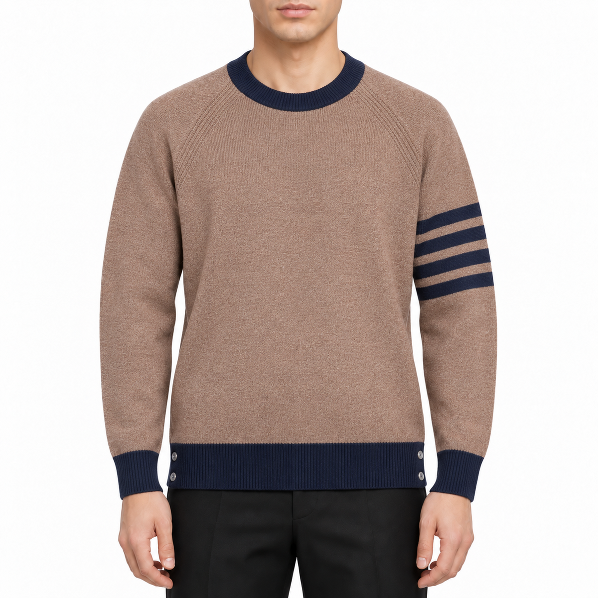 Unisex sweater by Thom Browne, modeled on a pure white background