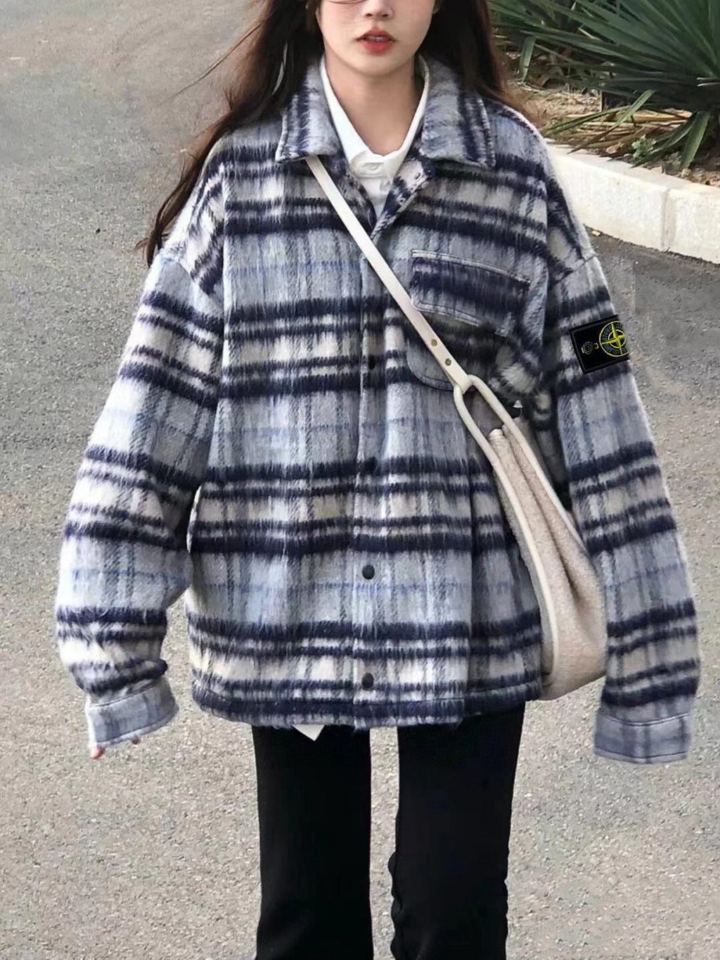 Stone Island Heavyweight Wool-Blend Plaid Badge Lapel Coat