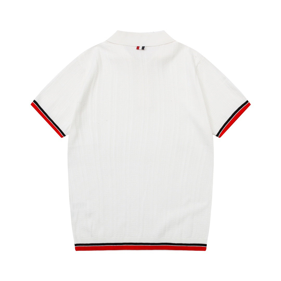 Four-Bar Stripe Knit Polo by Thom Browne, product detail view