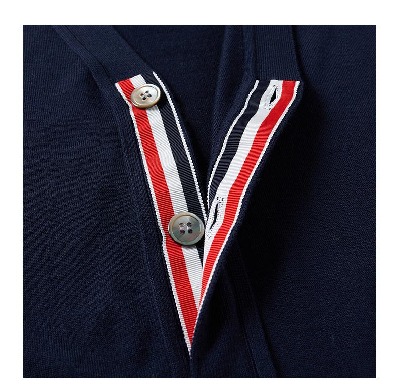 Unisex V-neck thin cardigan by Thom Browne, knitwear detail view