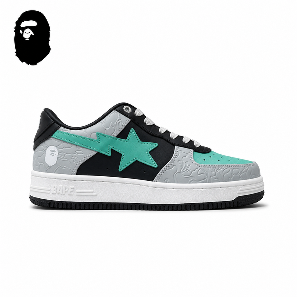 BAPE STA Tokyo Low-Top Sneakers - Black/Mint, single side view on a white background