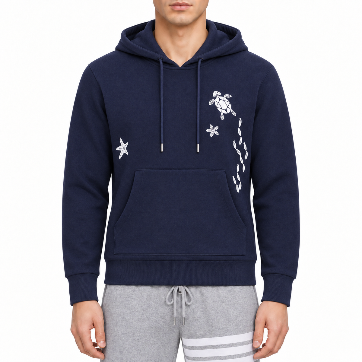 Animal embroidery Hoodie by Thom Browne, modeled on a pure white background