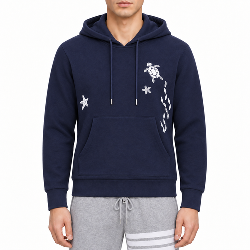 Animal embroidery Hoodie by Thom Browne, modeled on a pure white background