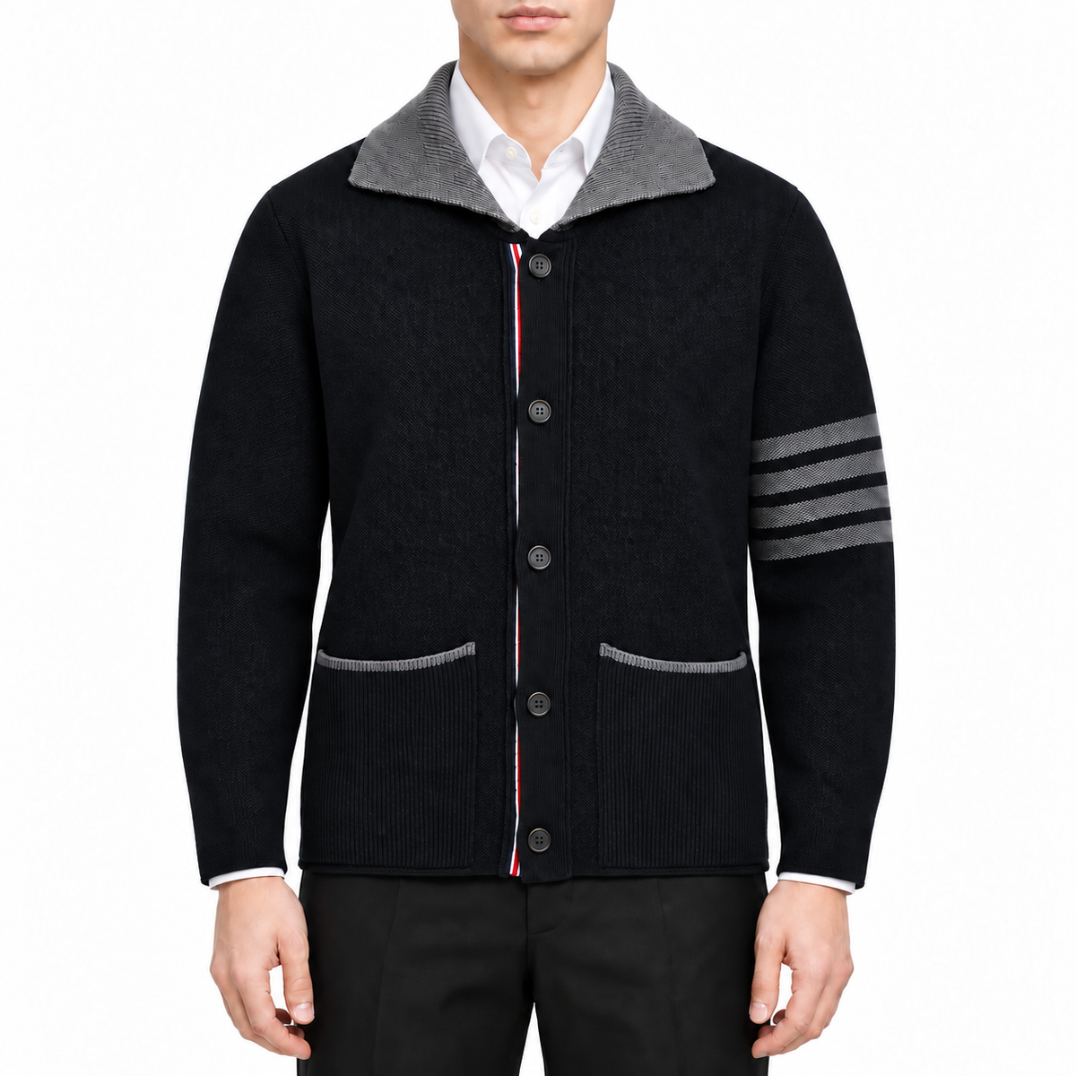 Unisex Lapel Knit Workwear Jacket - 4-Bar Stripe by Thom Browne, modeled on a pure white background