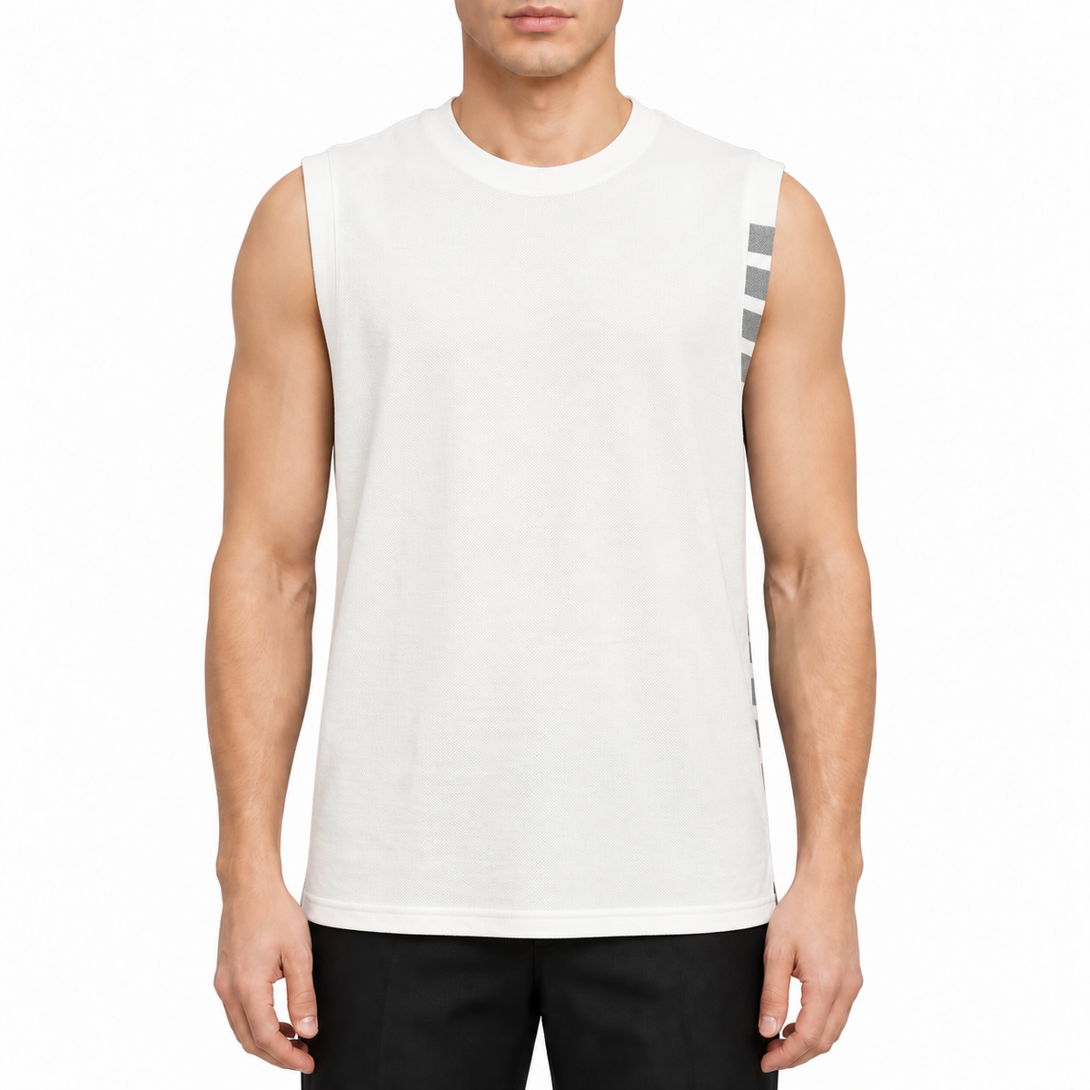 sleeveless T-shirt by Thom Browne, modeled on a pure white background