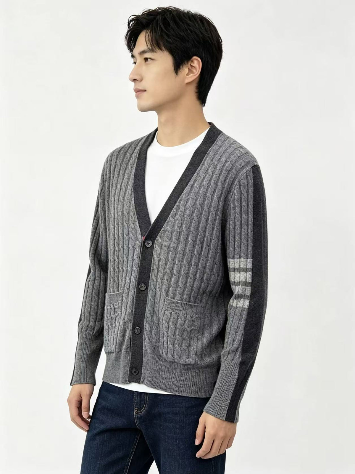 Unisex Two-Tone Cable Knit V-Neck Cardigan - Grey Wool by Thom Browne, outerwear detail view
