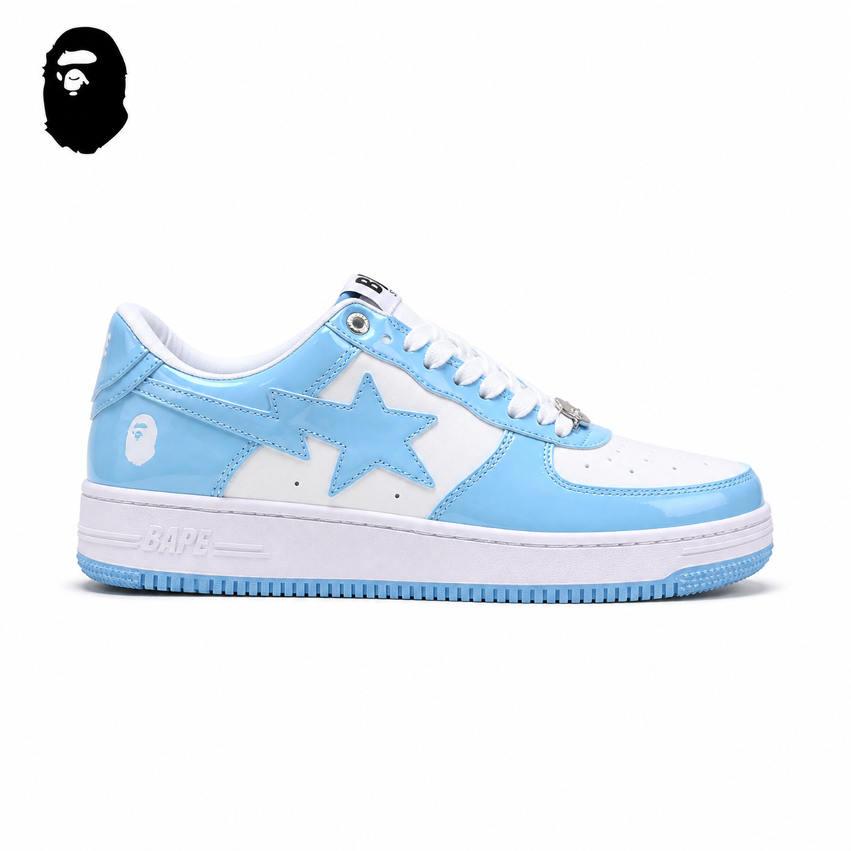 BAPE STA Tokyo Low-Top Sneakers - Sky Blue/White, single side view on a white background
