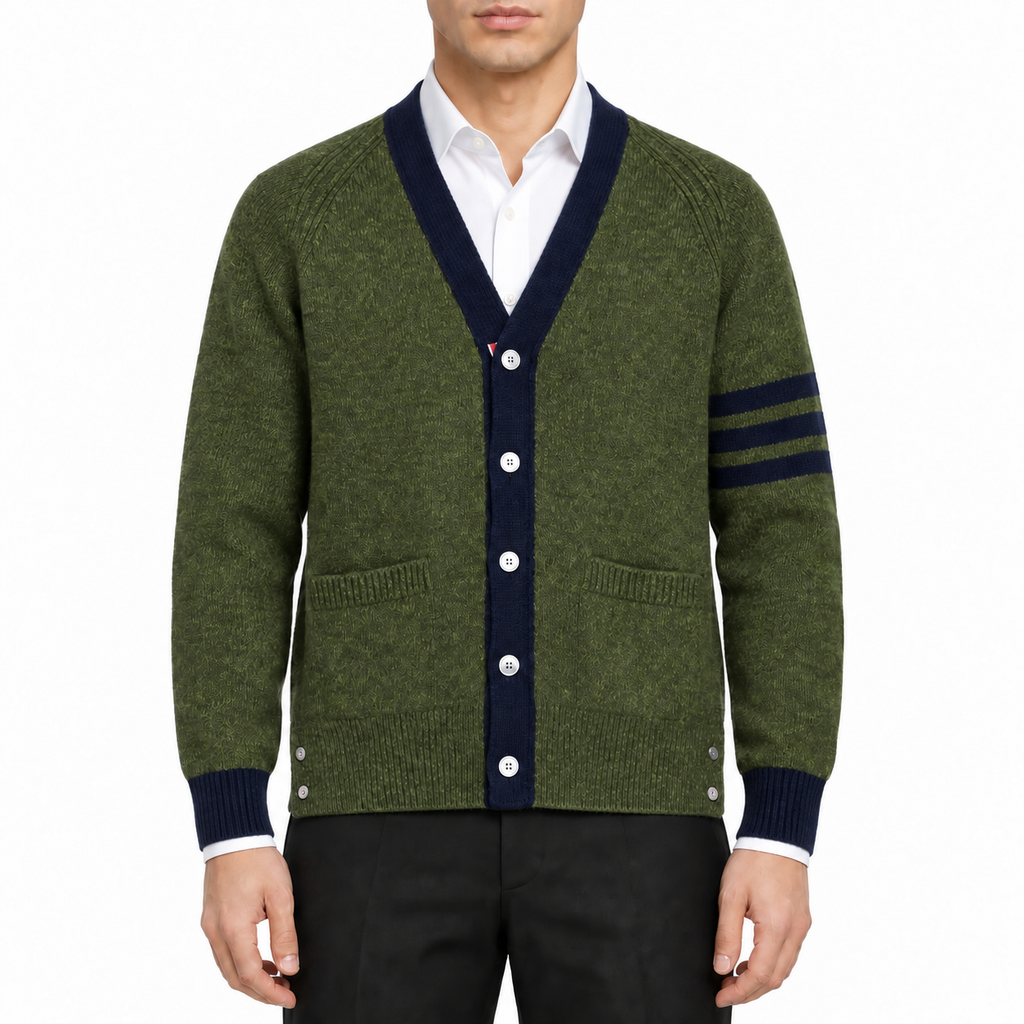 Unisex cardigan by Thom Browne, modeled on a pure white background