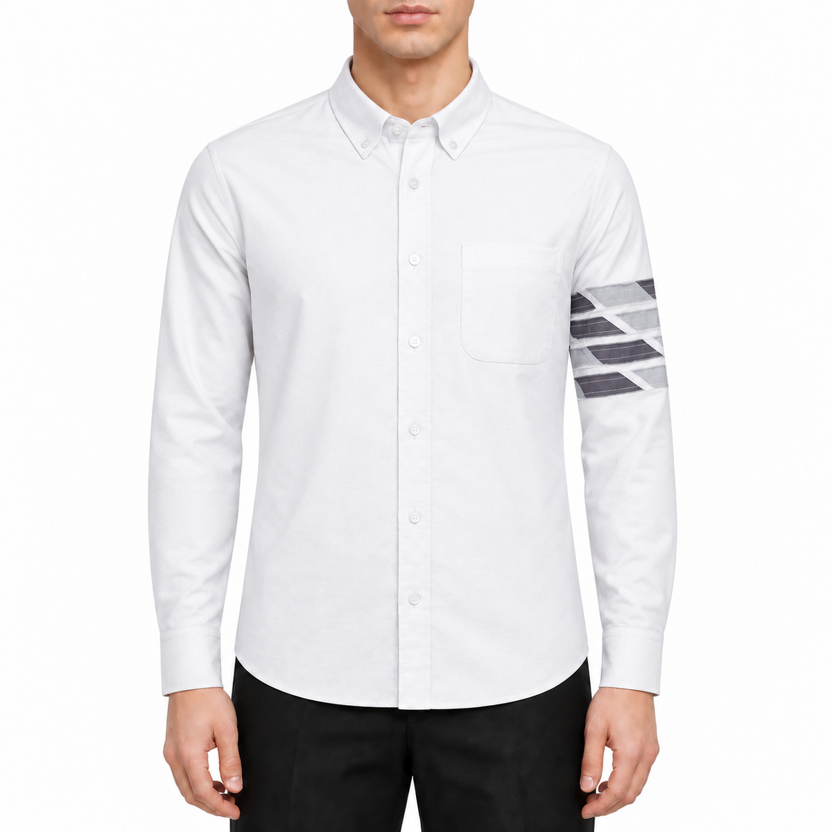 Men's Camouflage Oxford Shirt — Partial Button Front by Thom Browne, modeled on a pure white background