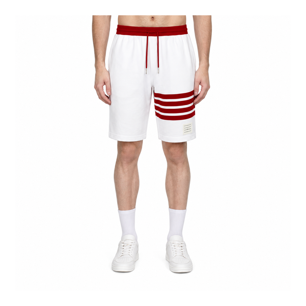 Thom Browne Style Athletic Cotton Shorts with Signature Four-Bar Detail - Main Image