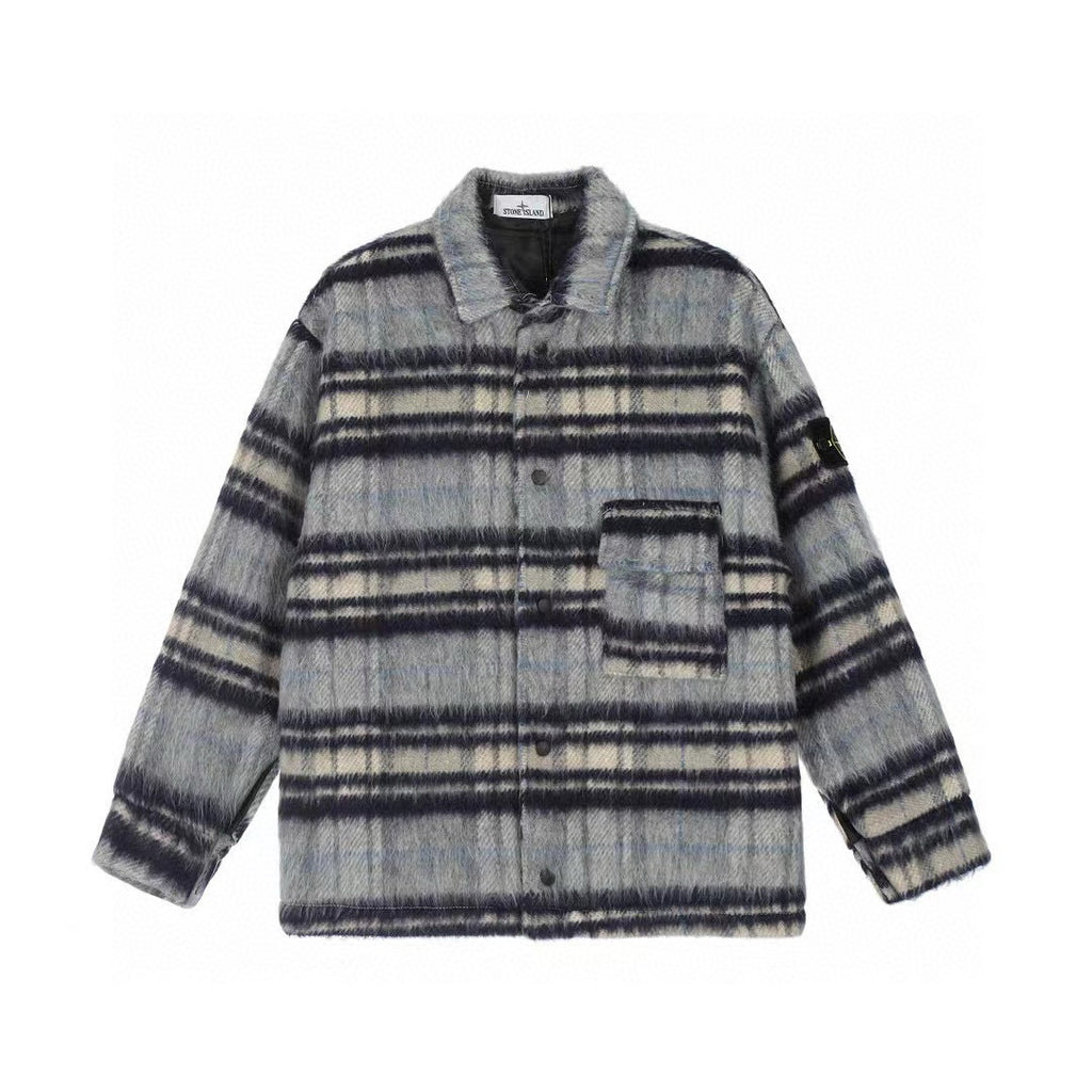 Stone Island Heavyweight Wool-Blend Plaid Badge Lapel Coat