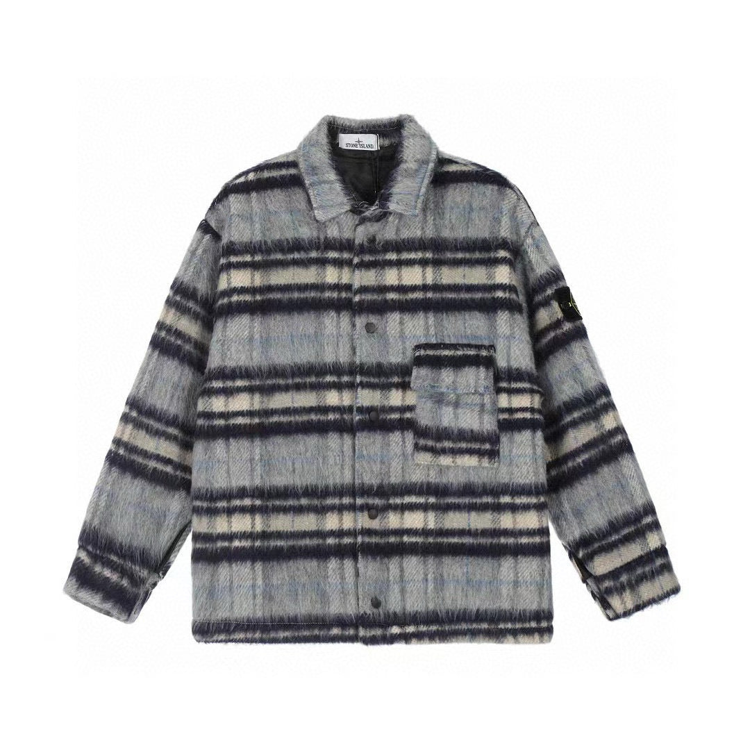 Stone Island Heavyweight Wool-Blend Plaid Badge Lapel Coat