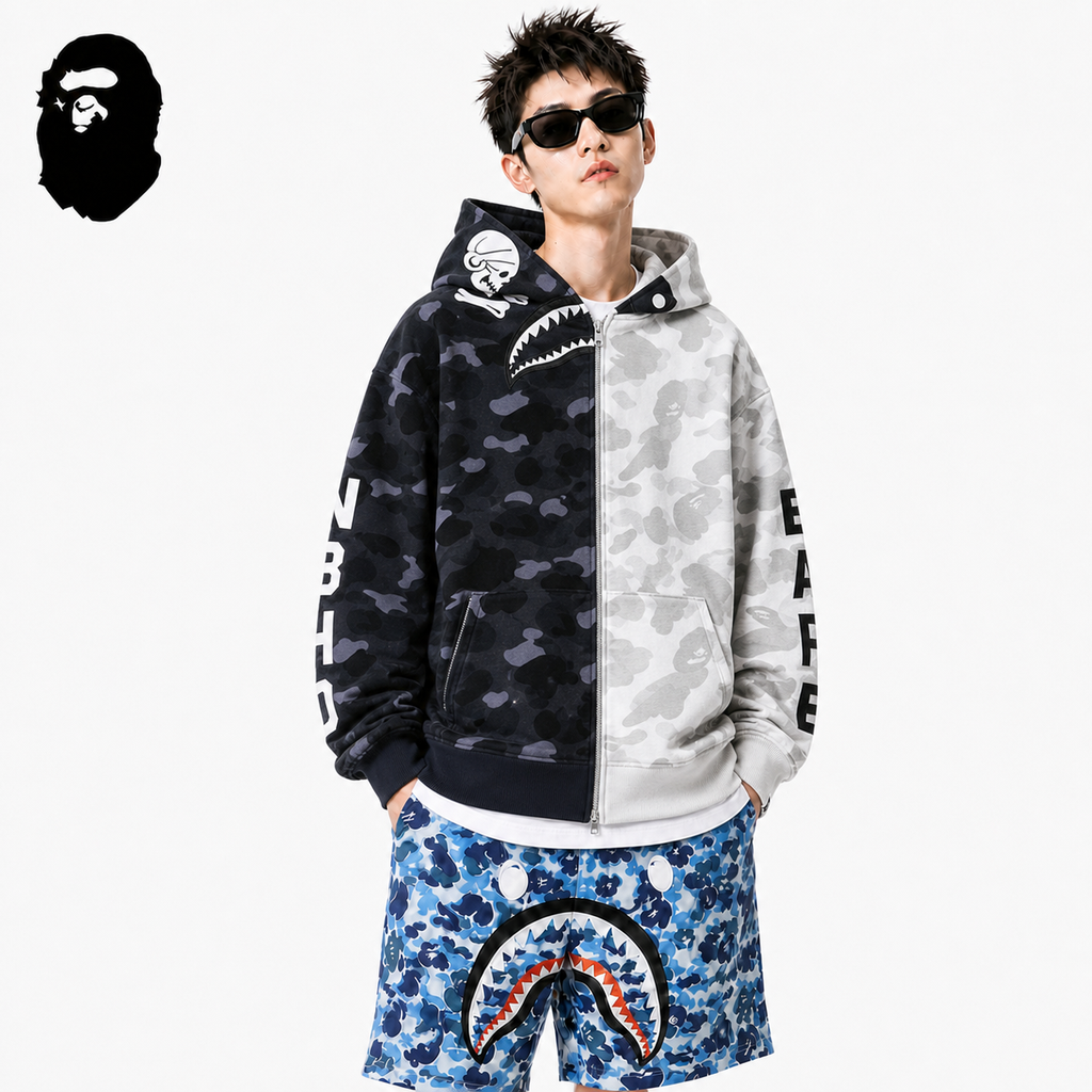 BAPE Black & White Split Shark Zip Hoodie styled on a male model