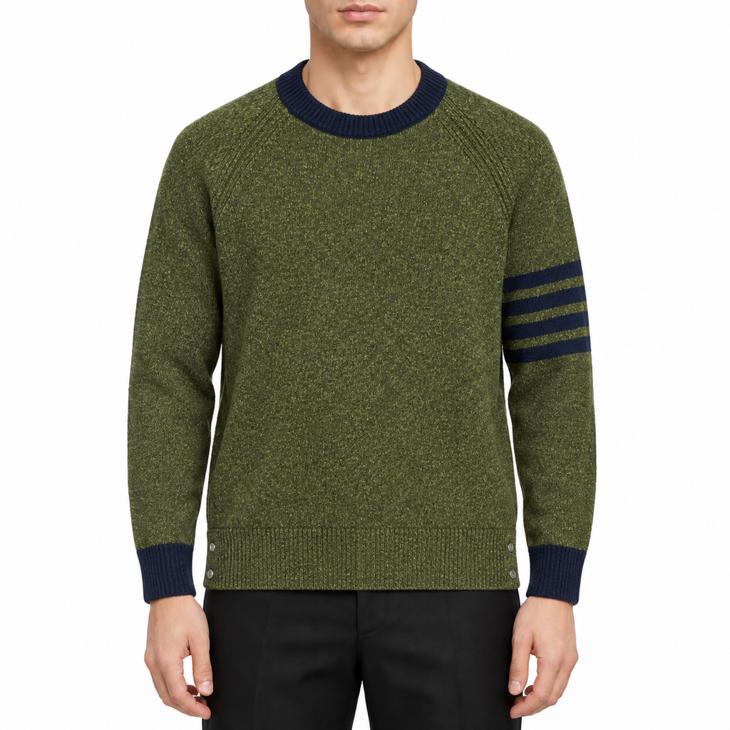 Unisex sweaters by Thom Browne, modeled on a pure white background