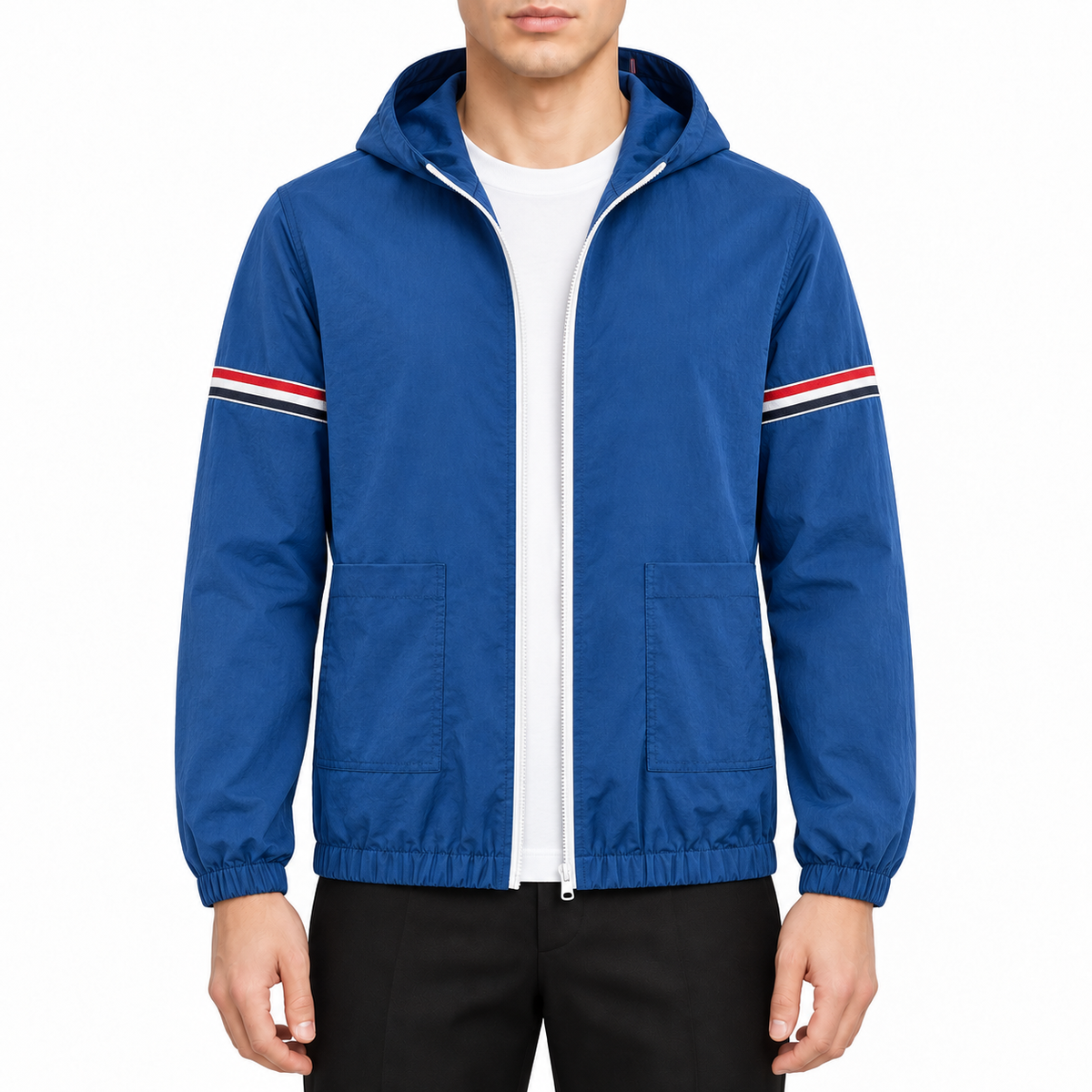 Unisex lightweight jacket by Thom Browne, modeled on a pure white background