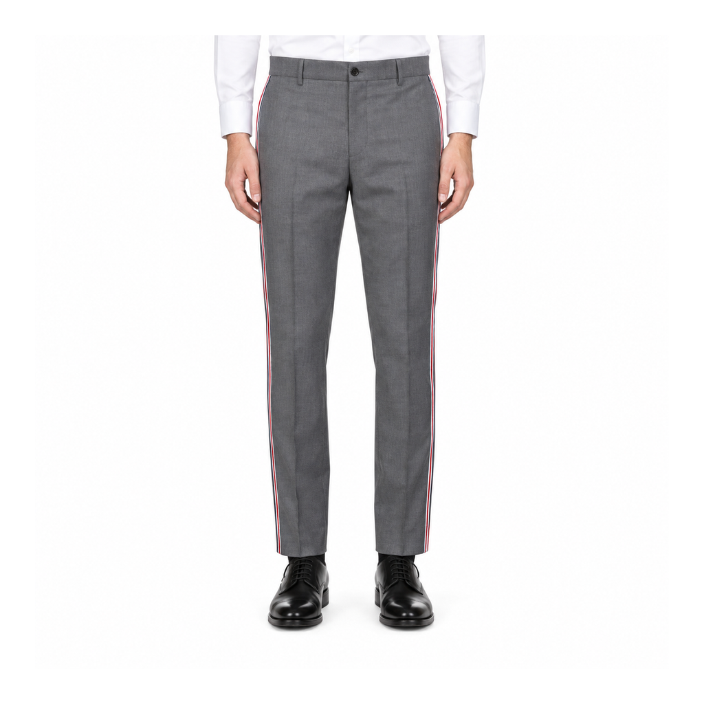 Thom Browne Style Men's Casual Trousers - 100% Wool with Adjustable Backstrap with Signature Four-Bar... - Main Image