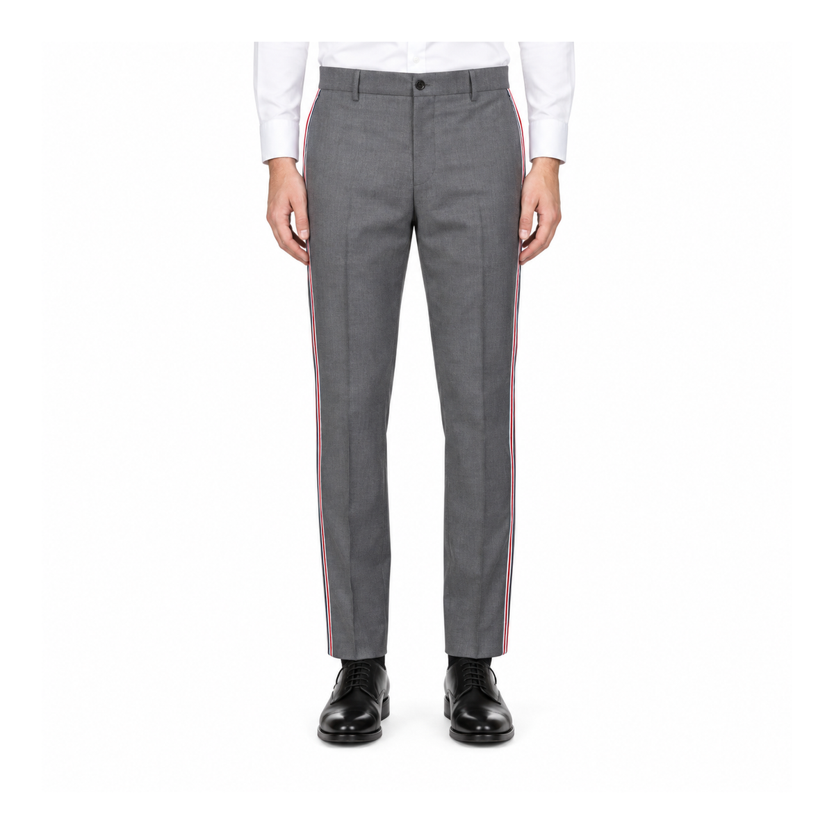 Thom Browne Style Men's Casual Trousers - 100% Wool with Adjustable Backstrap with Signature Four-Bar... - Main Image