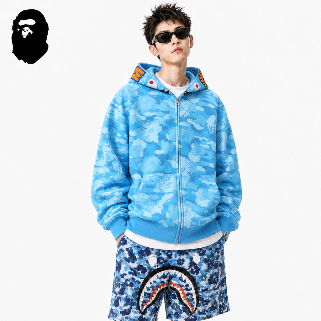 BAPE Blue & Red Camo Shark Hoodie styled on a male model