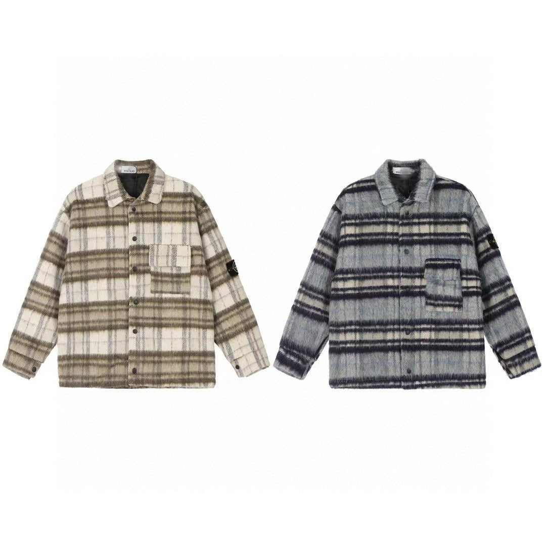 Stone Island Heavyweight Wool-Blend Plaid Badge Lapel Coat