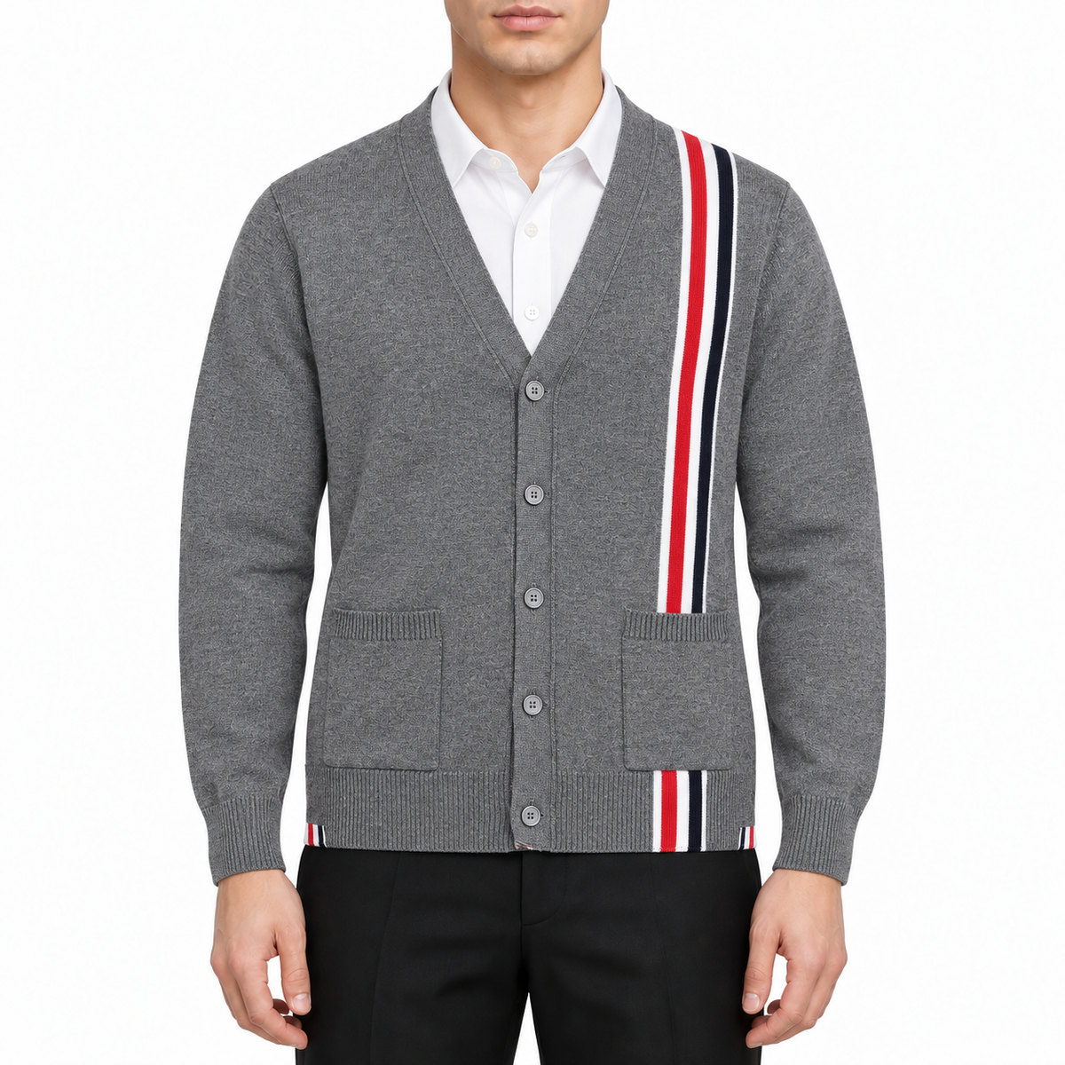 Men's cardigan by Thom Browne, modeled on a pure white background