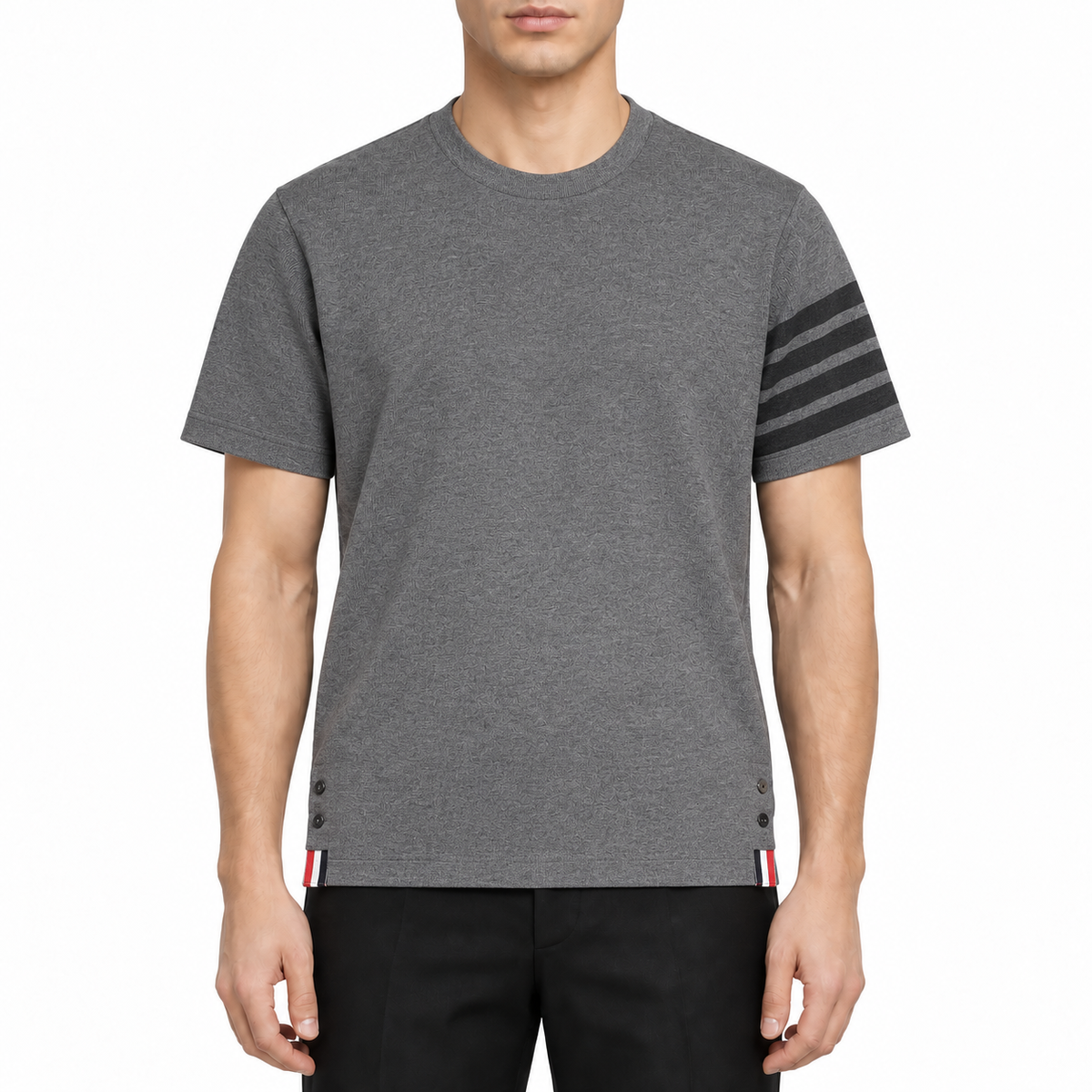 Solid color T-shirt by Thom Browne, modeled on a pure white background