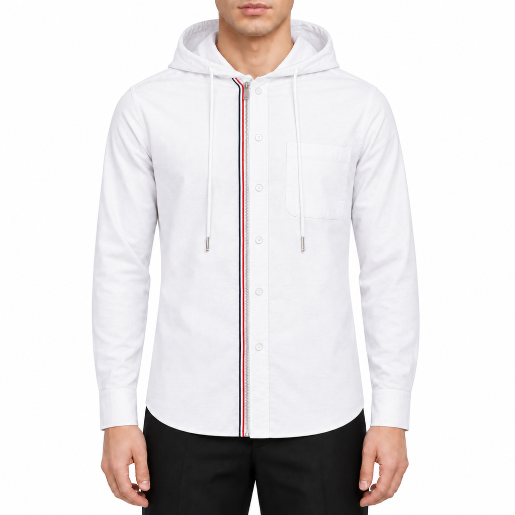 Hooded shirt by Thom Browne, modeled on a pure white background