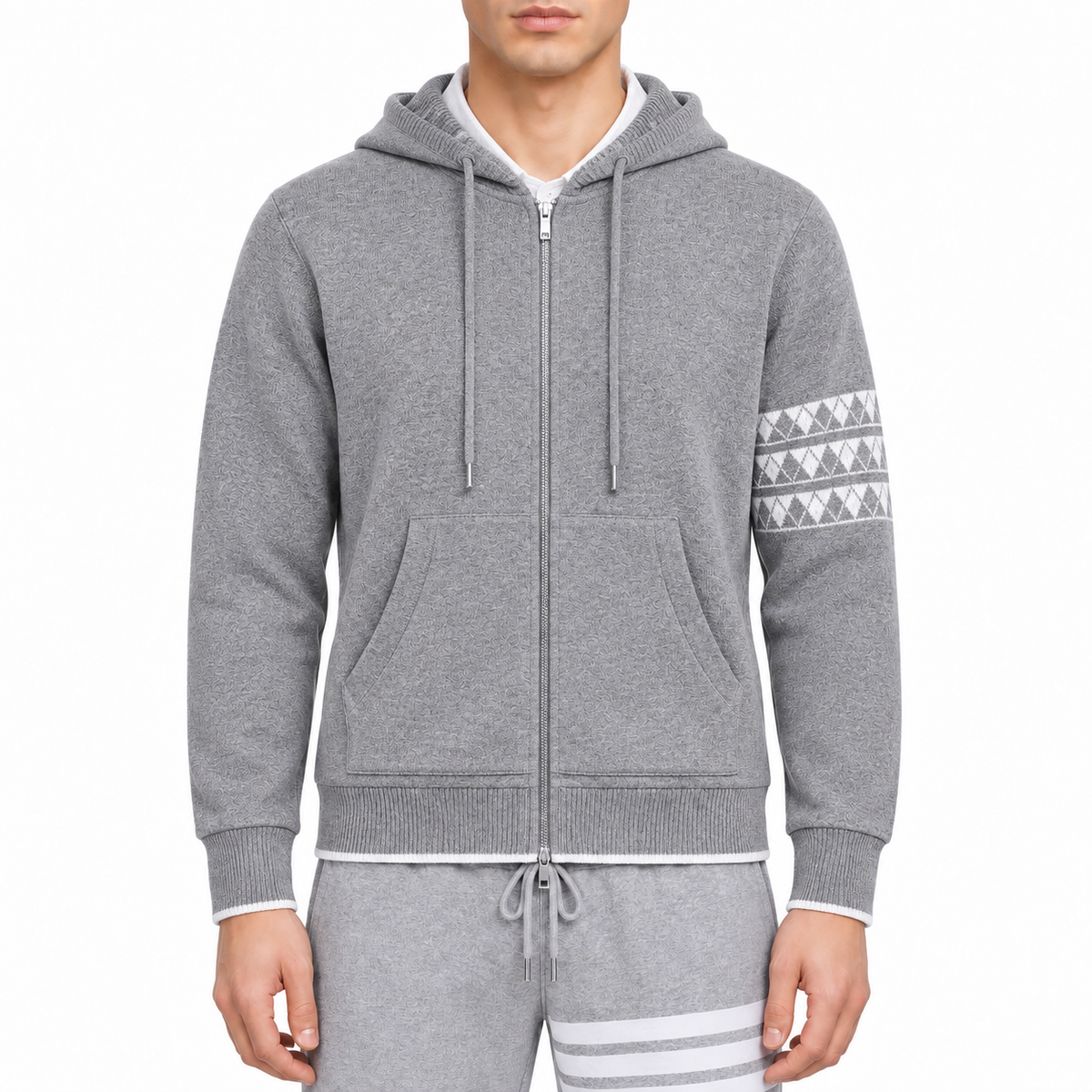 puppy Couples Hoodie by Thom Browne, modeled on a pure white background