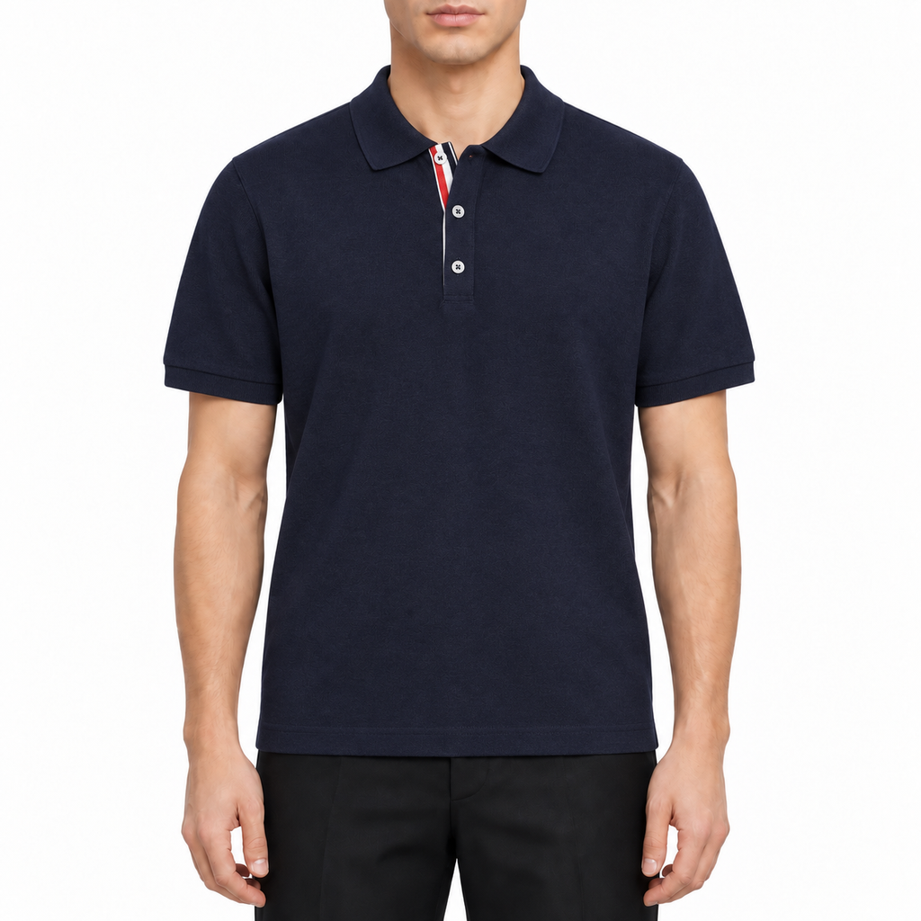 embroidery T-shirt by Thom Browne, modeled on a pure white background
