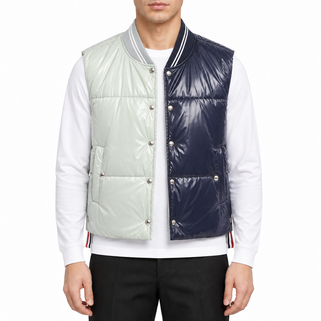 Unisex Shiny Colorblock Baseball Collar Vest by Thom Browne, modeled on a pure white background