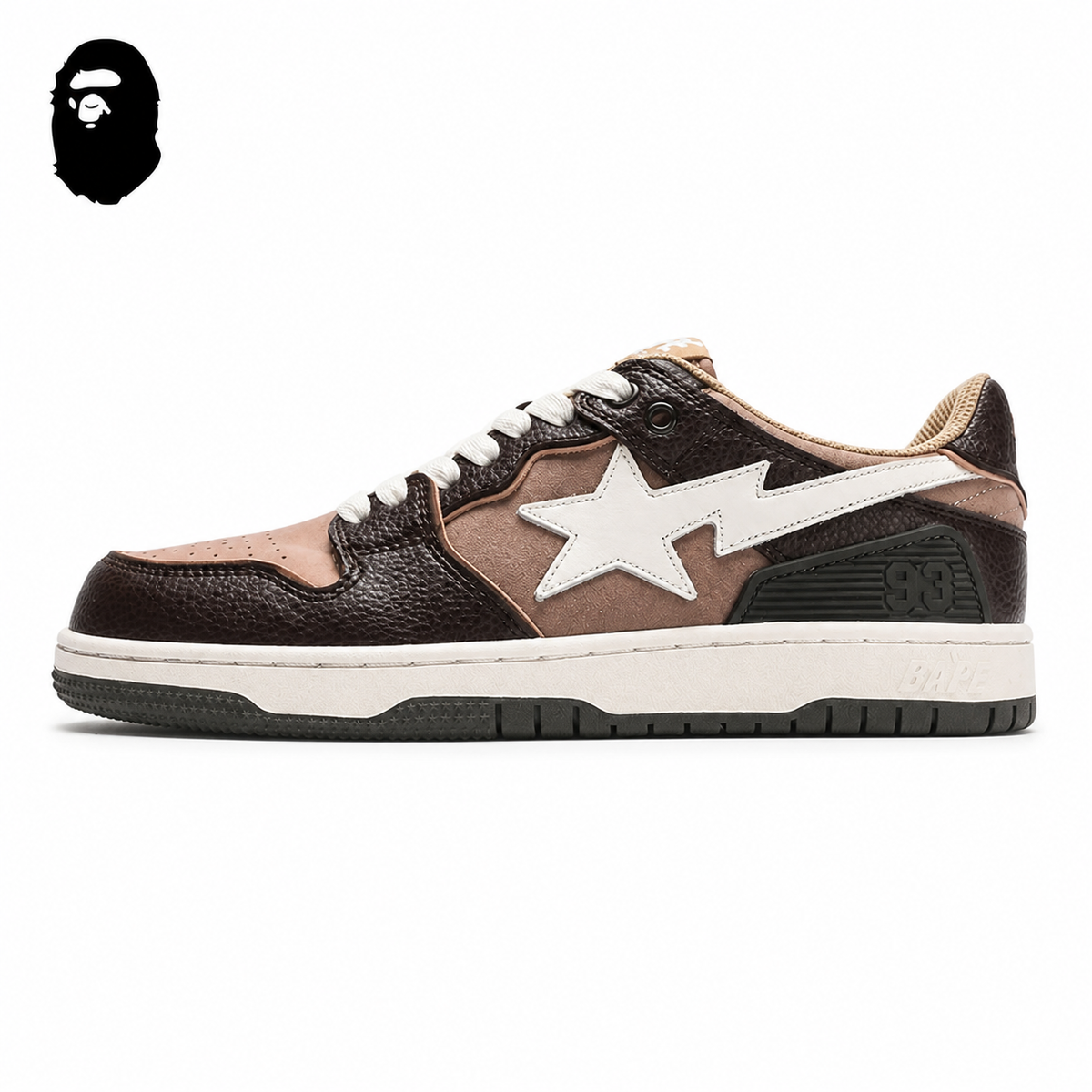 Human Made x BAPE STA SK8 Sneakers - Brown/Cream, single side view on a white background