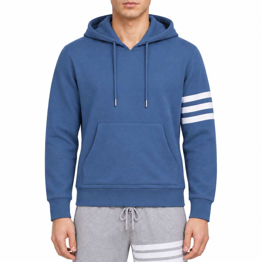 Men's Hoodie by Thom Browne, modeled on a pure white background