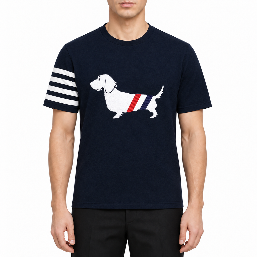Puppy T-shirts by Thom Browne, modeled on a pure white background