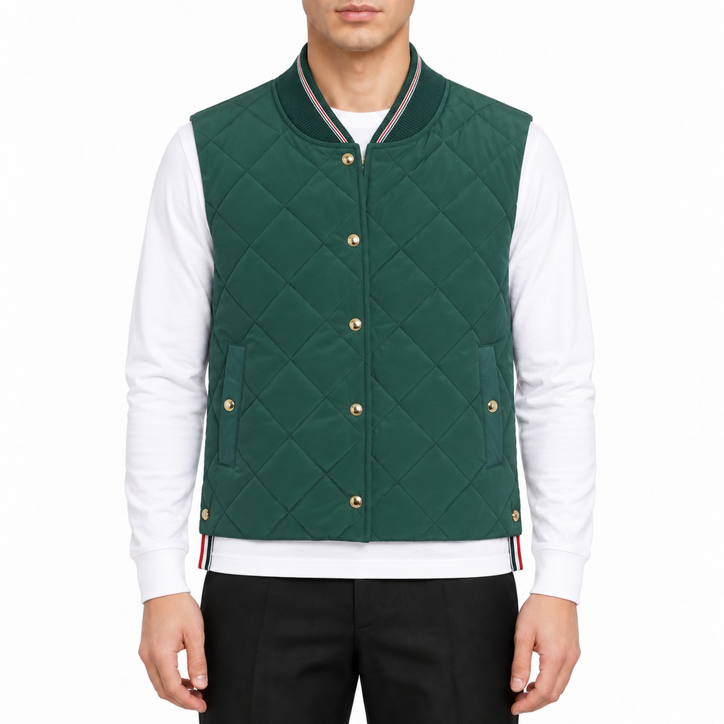 Unisex sleeveless vest jacket by Thom Browne, modeled on a pure white background