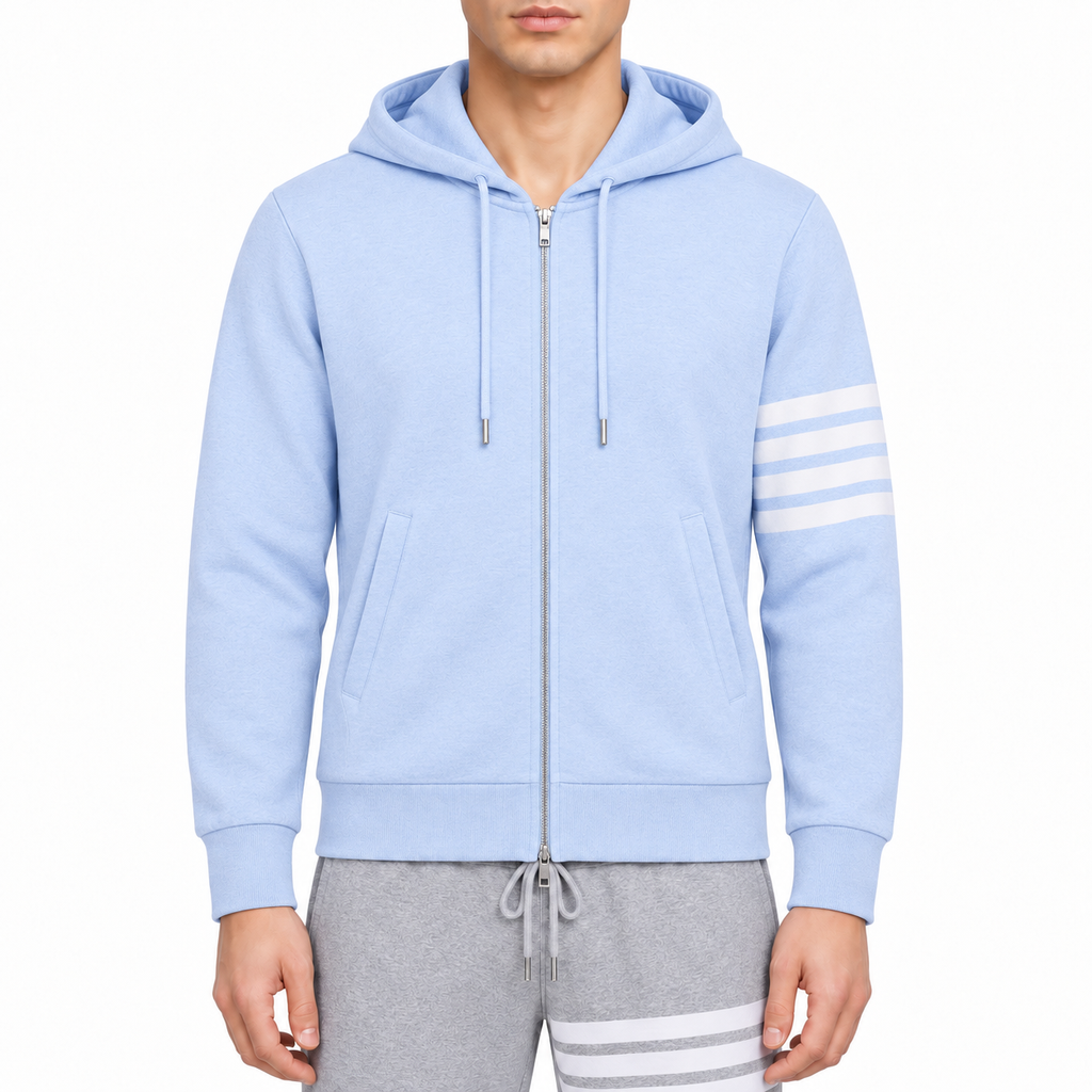 Unisex Four-Bar Hooded Jacket by Thom Browne, modeled on a pure white background