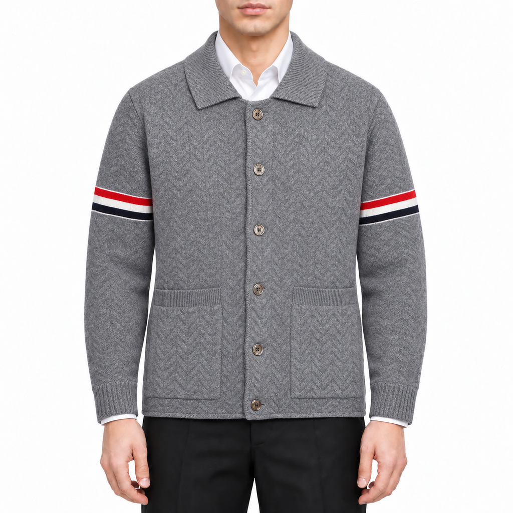 Unisex Herringbone Cardigan Jacket by Thom Browne, modeled on a pure white background