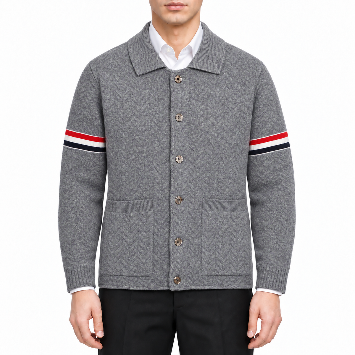 Unisex Herringbone Cardigan Jacket by Thom Browne, modeled on a pure white background